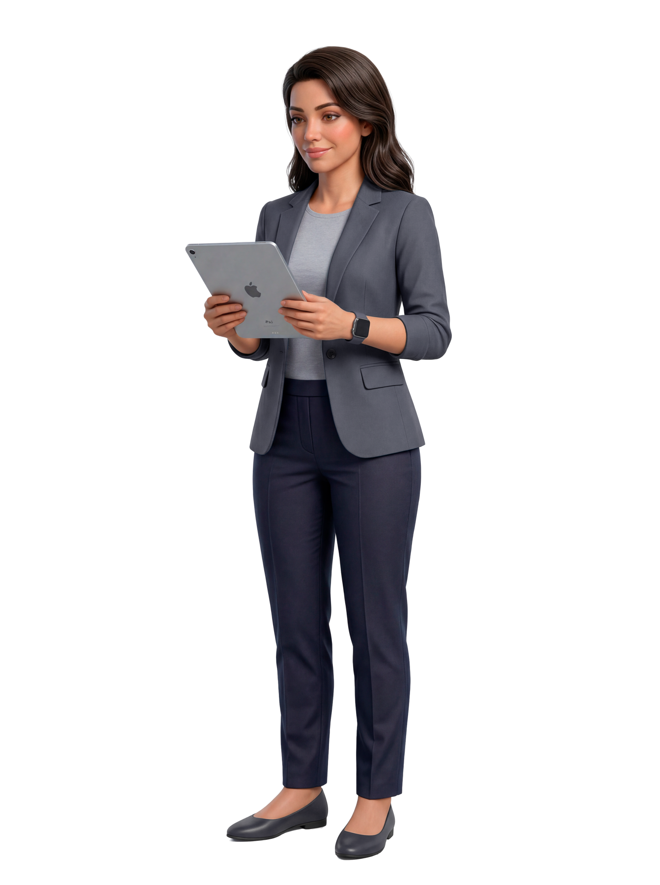 Liz segurando um tablet